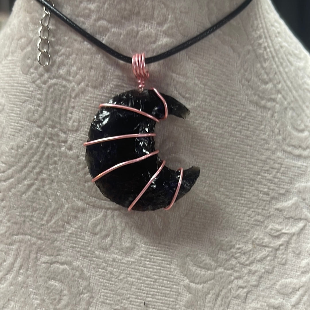 Wire Wrapped Black Obsidian Moon