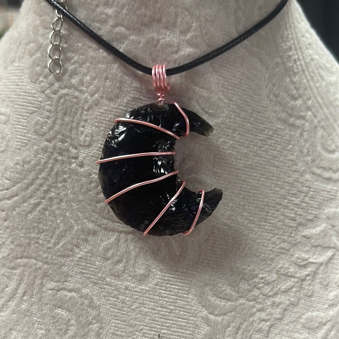Wire Wrapped Black Obsidian Moon