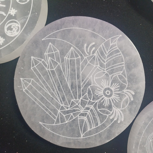 Selenite Plate Moon With Crystal/flower