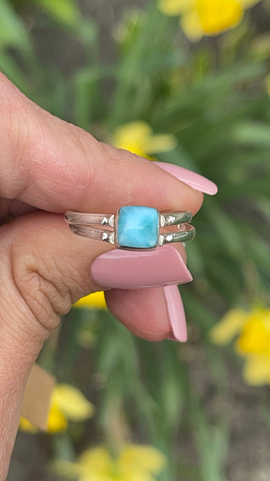 Silver Double Sided Square Larimar/Amber Size 10 Ring